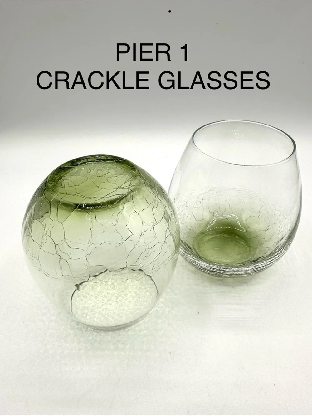 2- Pier 1 Crackle Stemless Wine Glasses, Green Ombre